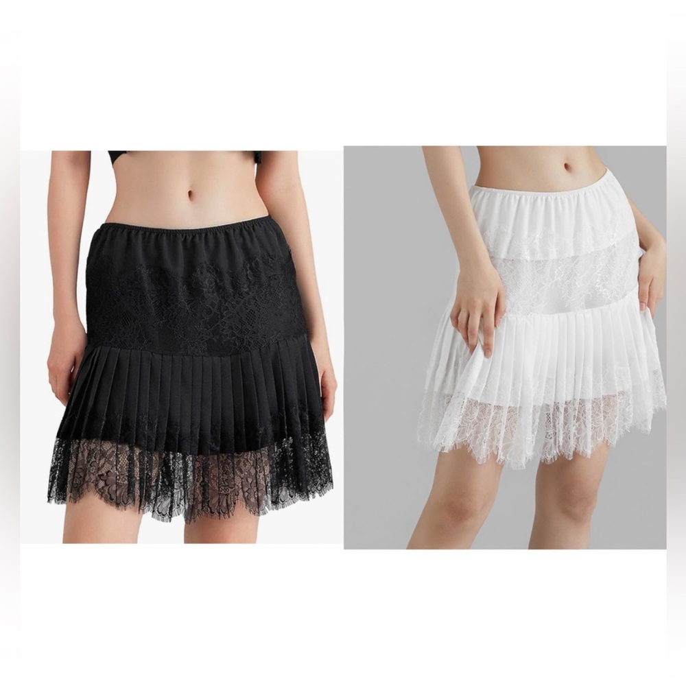 Set 2 Lace Skirt Ruffle Mini Skirt Half Layered Pleated Flowy Skirt Black -White